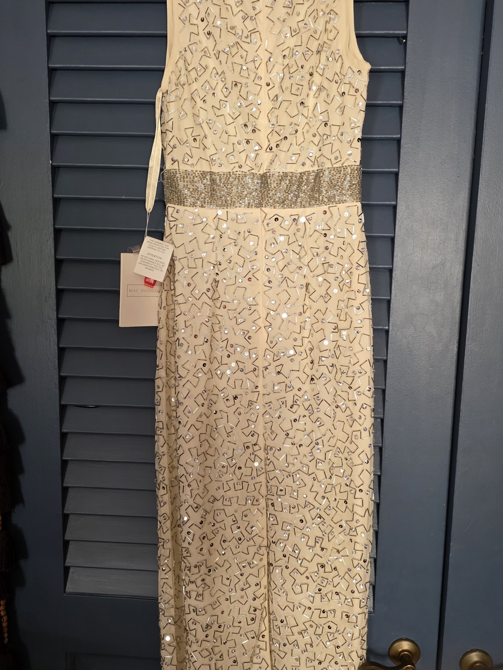 Mac Duggal Ivory Beaded Maxi Dress with Gold Embellished Waist